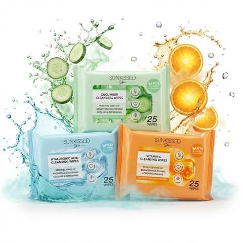 Sunkissed Face Wipes Variety Pack: Hyaluronic Acid, Cucumber & Vitamin C, Pack of 3